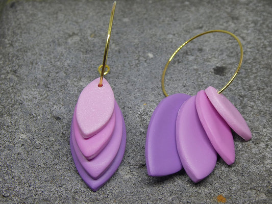 Hoop earring with purple, lavender and blush pearl leaves