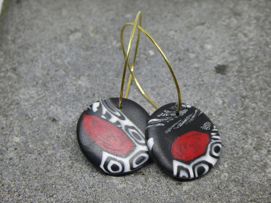 Bright red, black and white hoop earrings